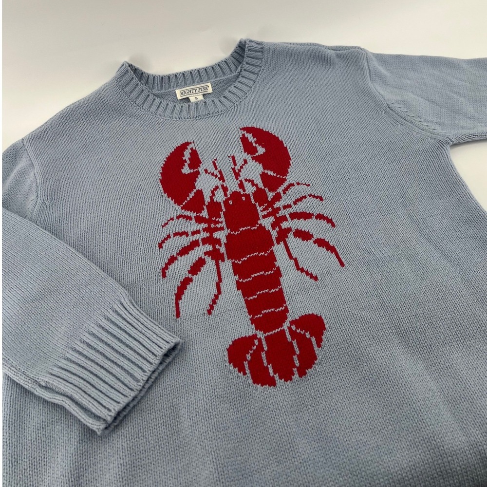Mighty Fine Womens Light Blue Red Lobster Intarsia Knit Crewneck Sweater Small